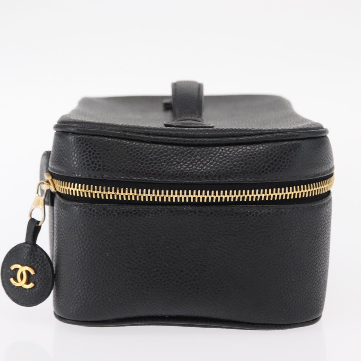 CHANEL COCO Mark Vanity Hand Bag Caviar Skin Black Gold CC Auth 156049