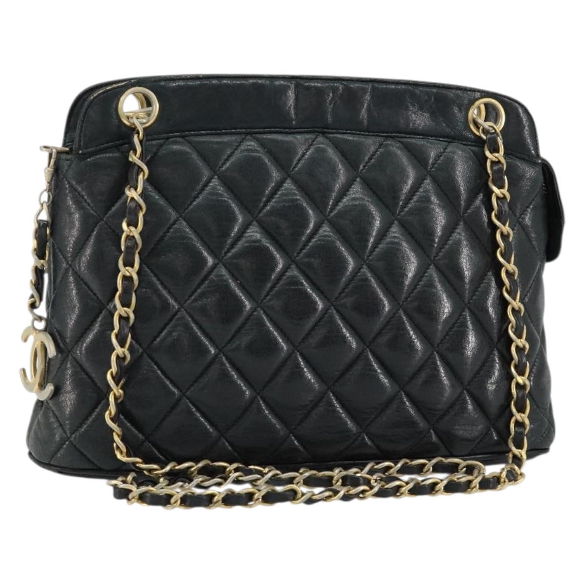 CHANEL Matelasse Chain Shoulder Bag Lamb Skin Black Gold CC Auth 156051