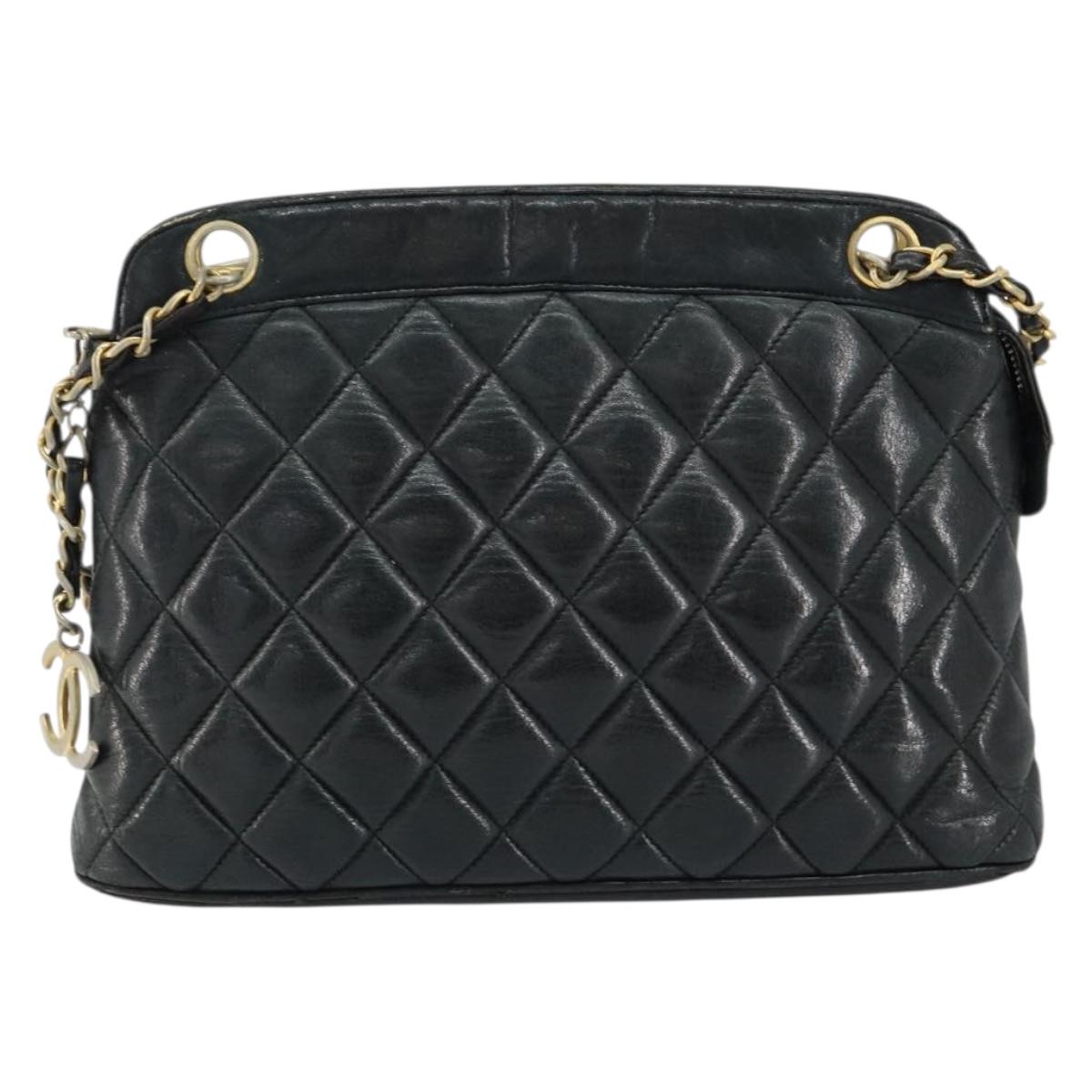 CHANEL Matelasse Chain Shoulder Bag Lamb Skin Black Gold CC Auth 156051