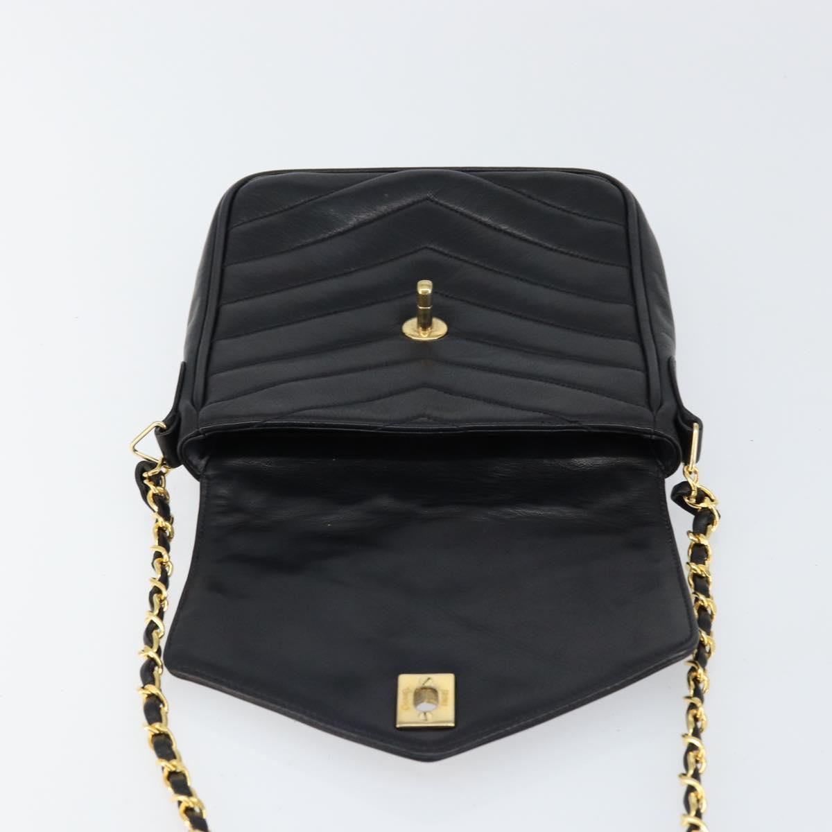 CHANEL Chain V Stitch Shoulder Bag Lamb Skin Black Gold CC Auth 156053