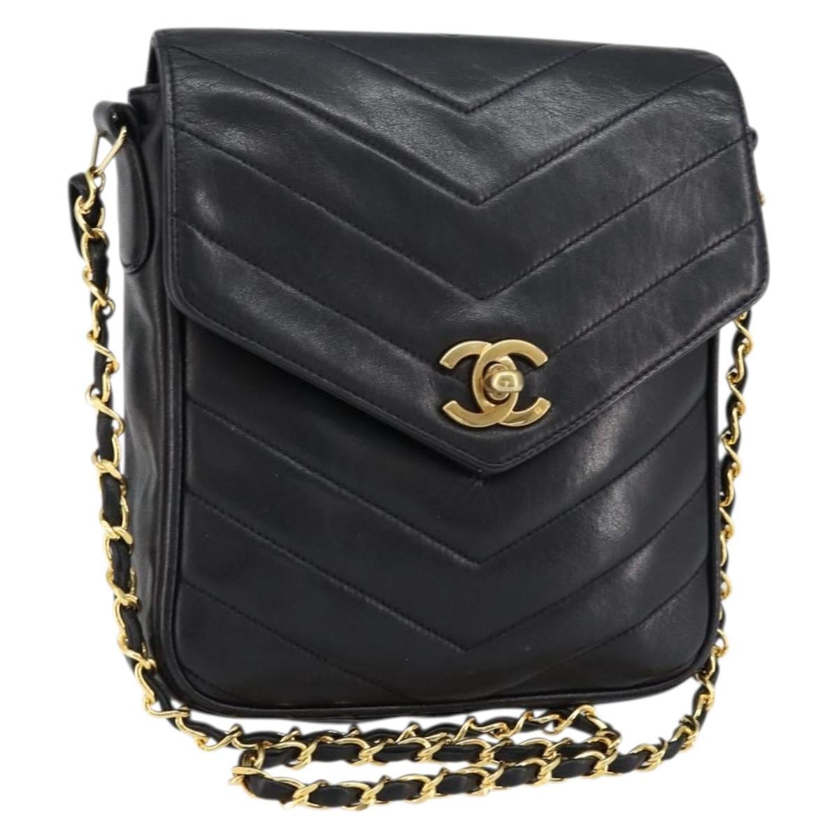 CHANEL Chain V Stitch Shoulder Bag Lamb Skin Black Gold CC Auth 156053