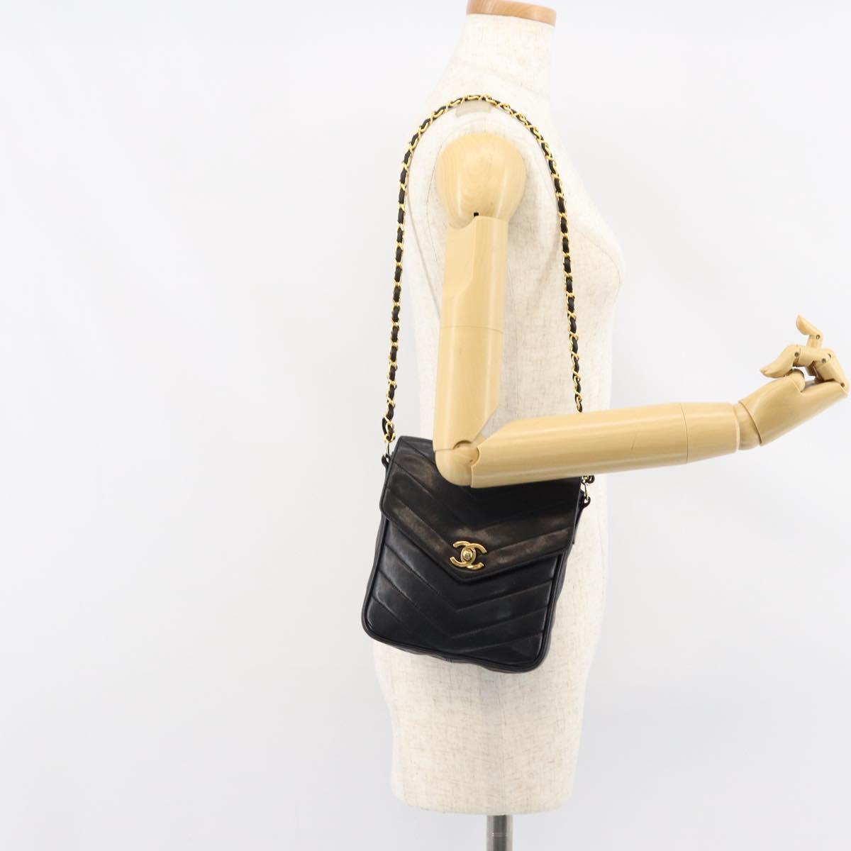 CHANEL Chain V Stitch Shoulder Bag Lamb Skin Black Gold CC Auth 156053