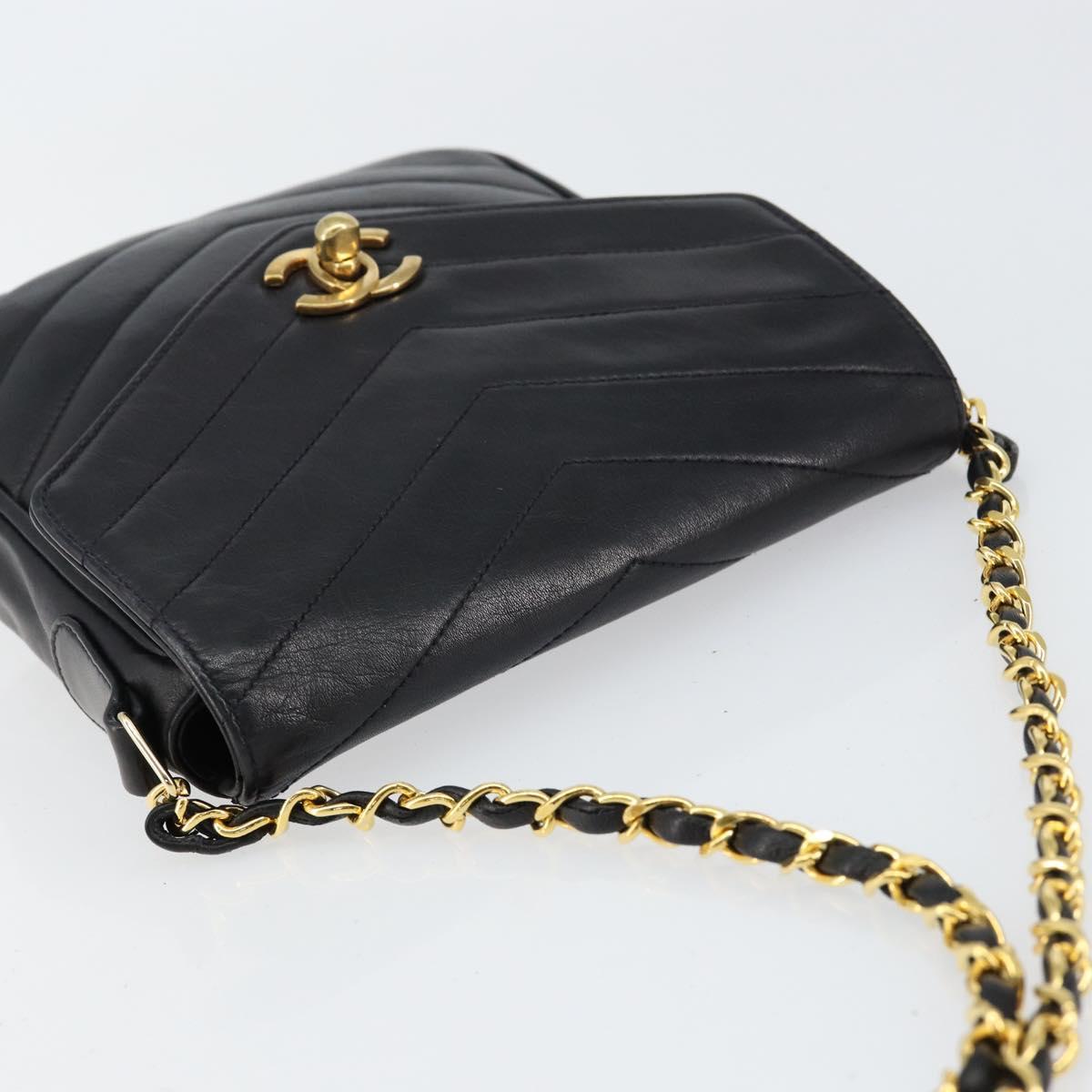 CHANEL Chain V Stitch Shoulder Bag Lamb Skin Black Gold CC Auth 156053