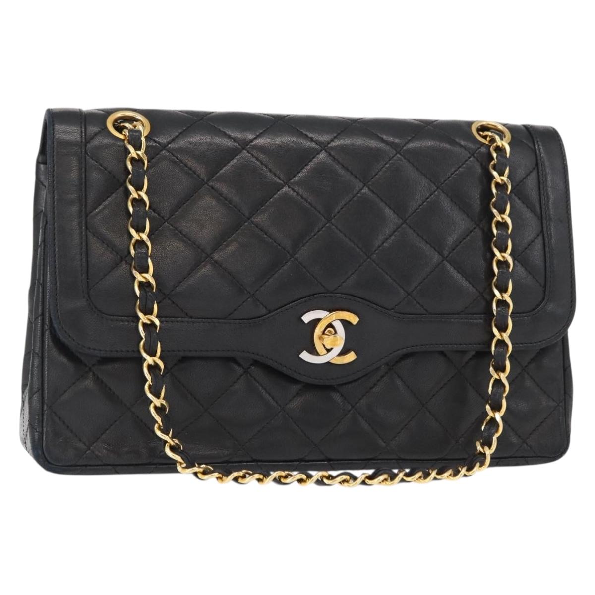 CHANEL Matelasse 25 Double Flap Paris Only Bag Lamb Skin Black CC Auth 156054