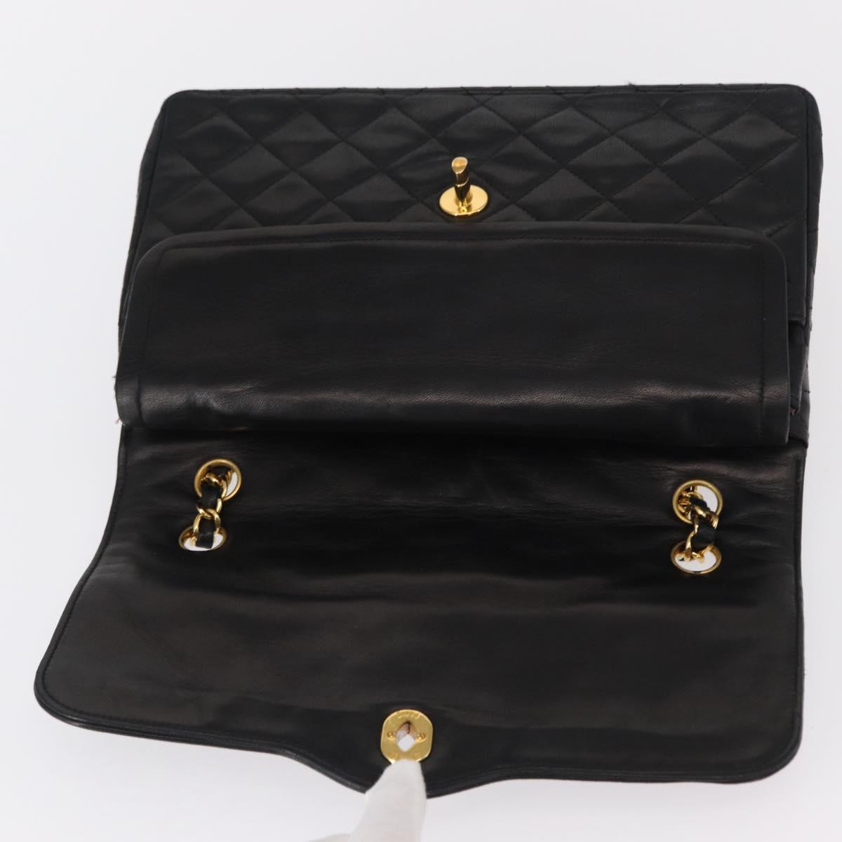 CHANEL Matelasse 25 Double Flap Paris Only Bag Lamb Skin Black CC Auth 156054