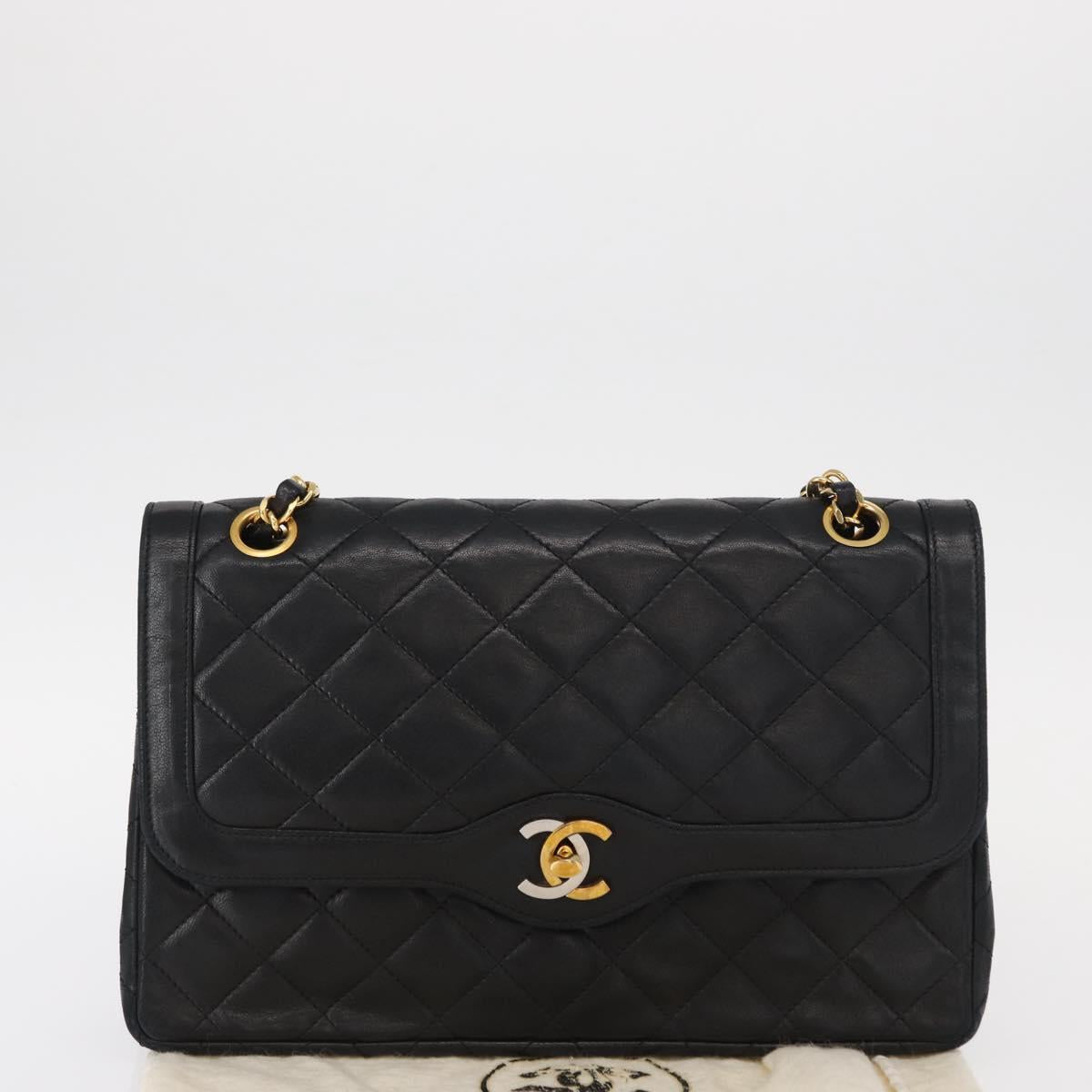 CHANEL Matelasse 25 Double Flap Paris Only Bag Lamb Skin Black CC Auth 156054