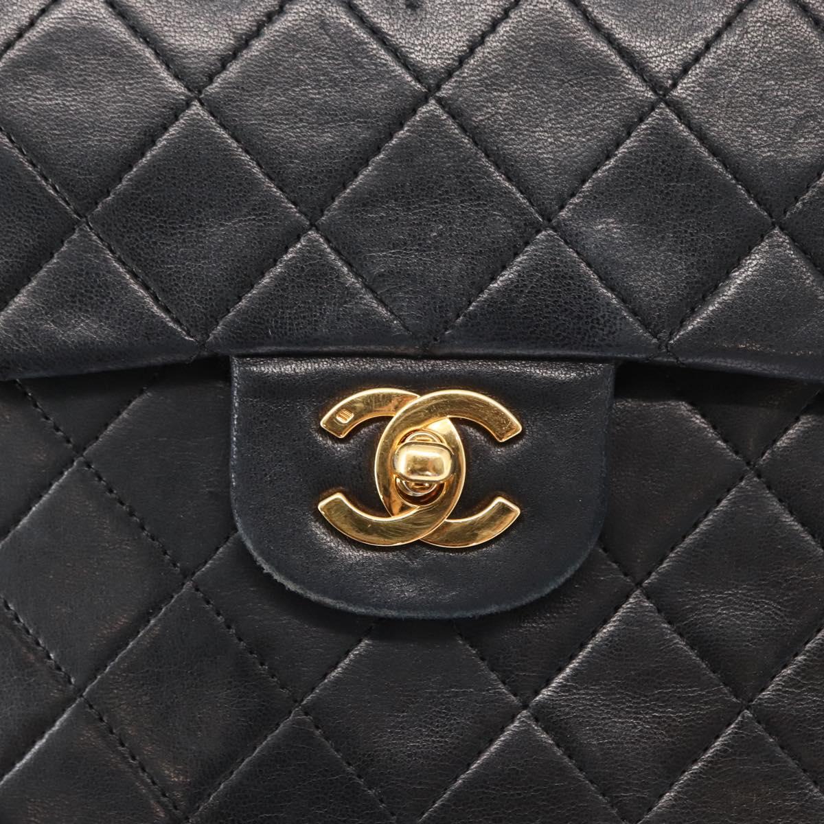 CHANEL Matelasse 25 Double Flap Chain Bag Lamb Skin Black Gold CC Auth 156055