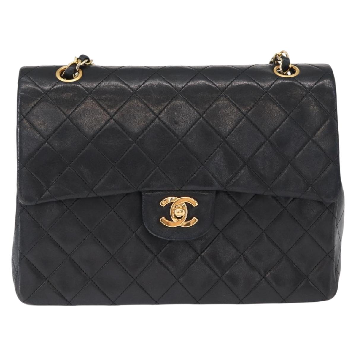 CHANEL Matelasse 25 Double Flap Chain Bag Lamb Skin Black Gold CC Auth 156055