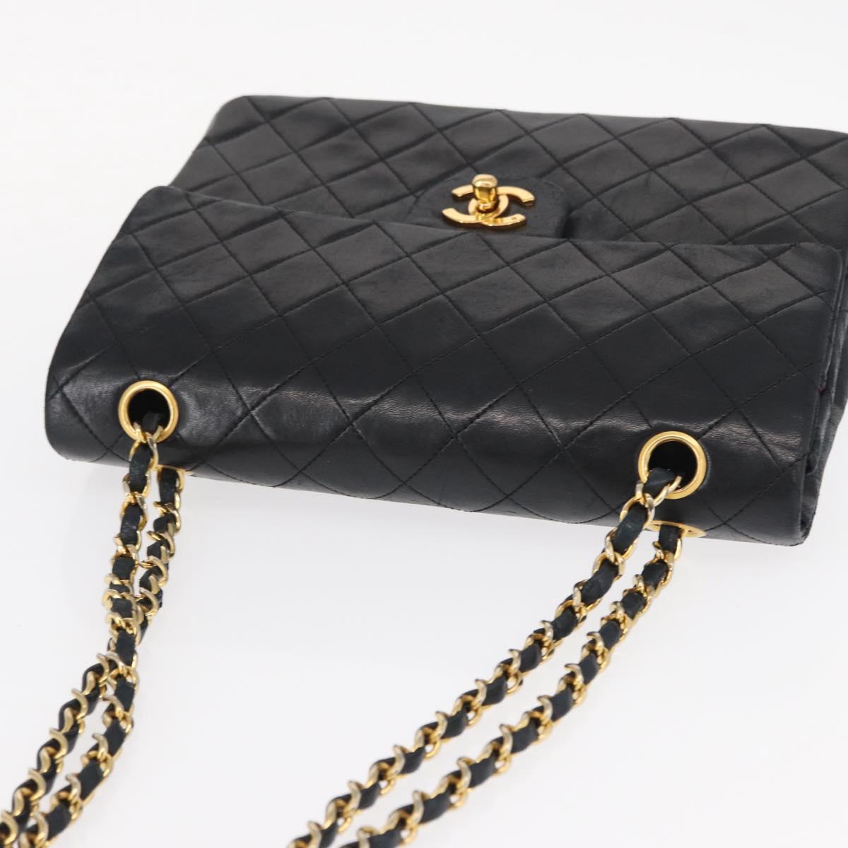 CHANEL Matelasse 25 Double Flap Chain Bag Lamb Skin Black Gold CC Auth 156055