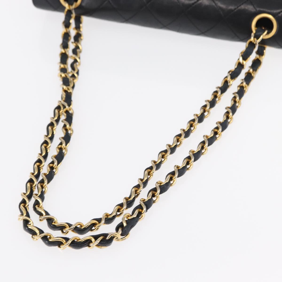 CHANEL Matelasse 25 Double Flap Chain Bag Lamb Skin Black Gold CC Auth 156055
