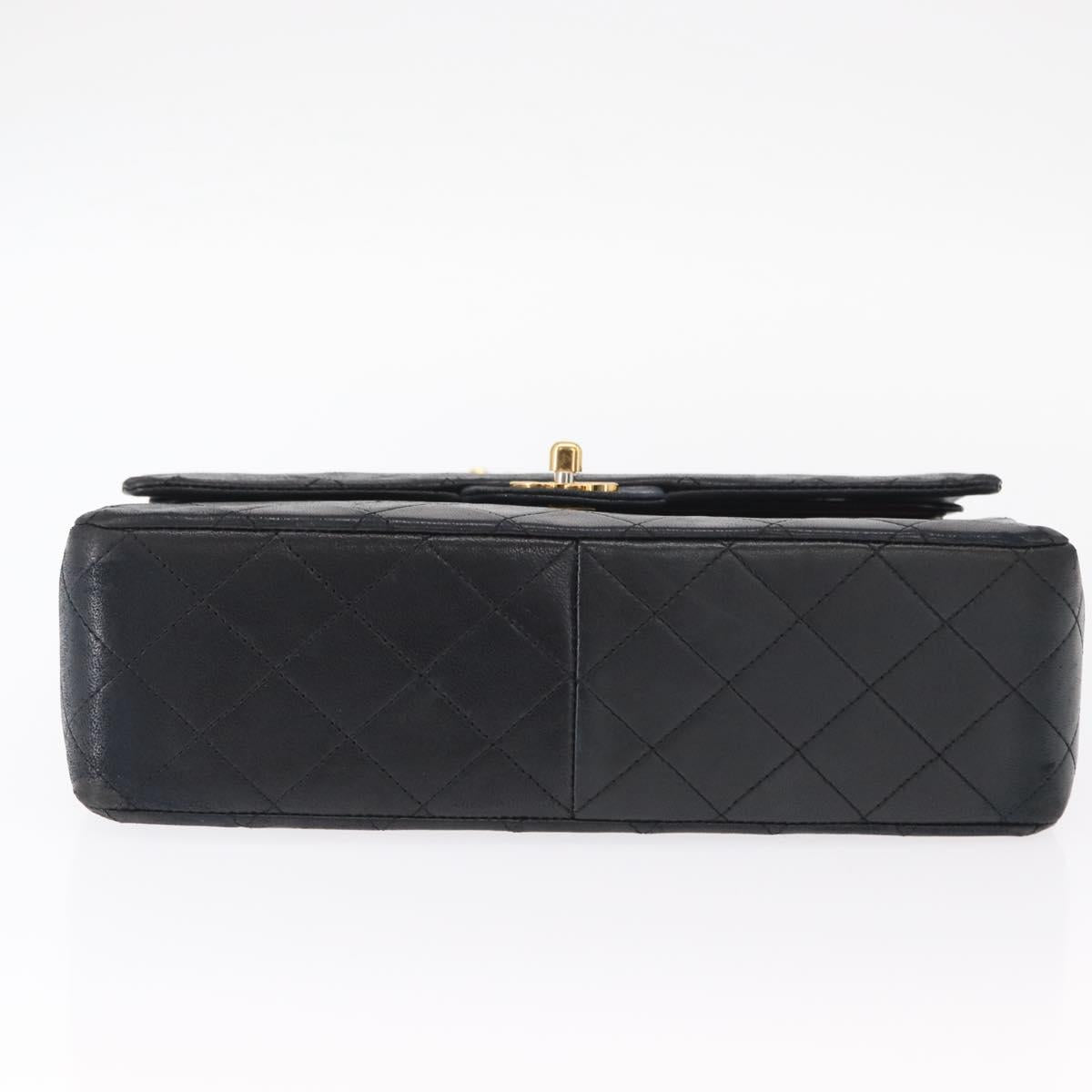 CHANEL Matelasse 25 Double Flap Chain Bag Lamb Skin Black Gold CC Auth 156055