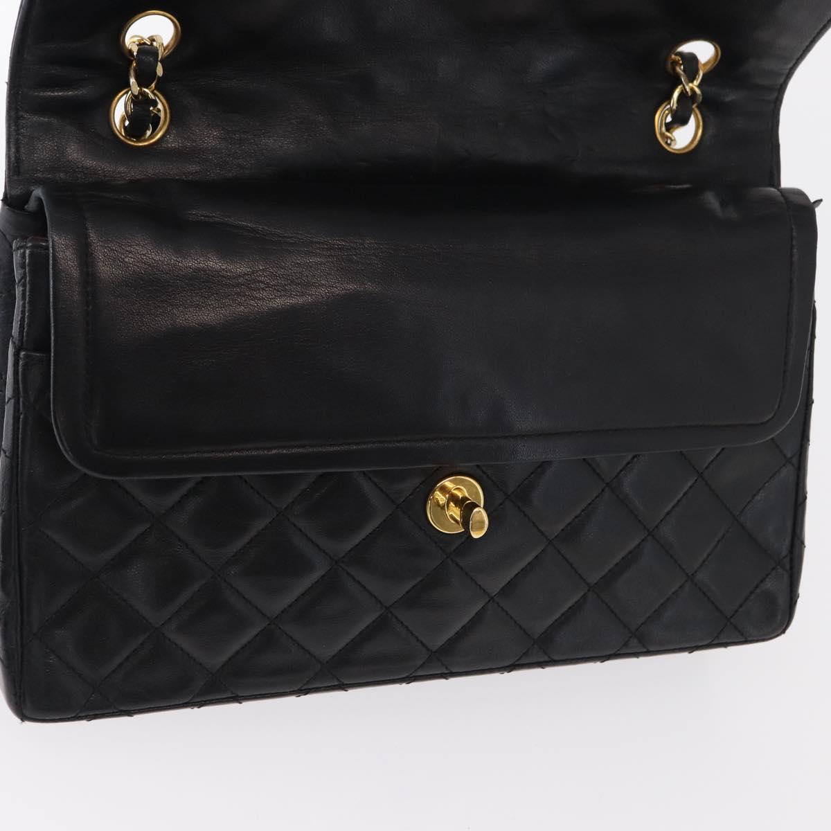 CHANEL Matelasse 25 Double Flap Paris Only Bag Lamb Skin Black CC Auth 156056