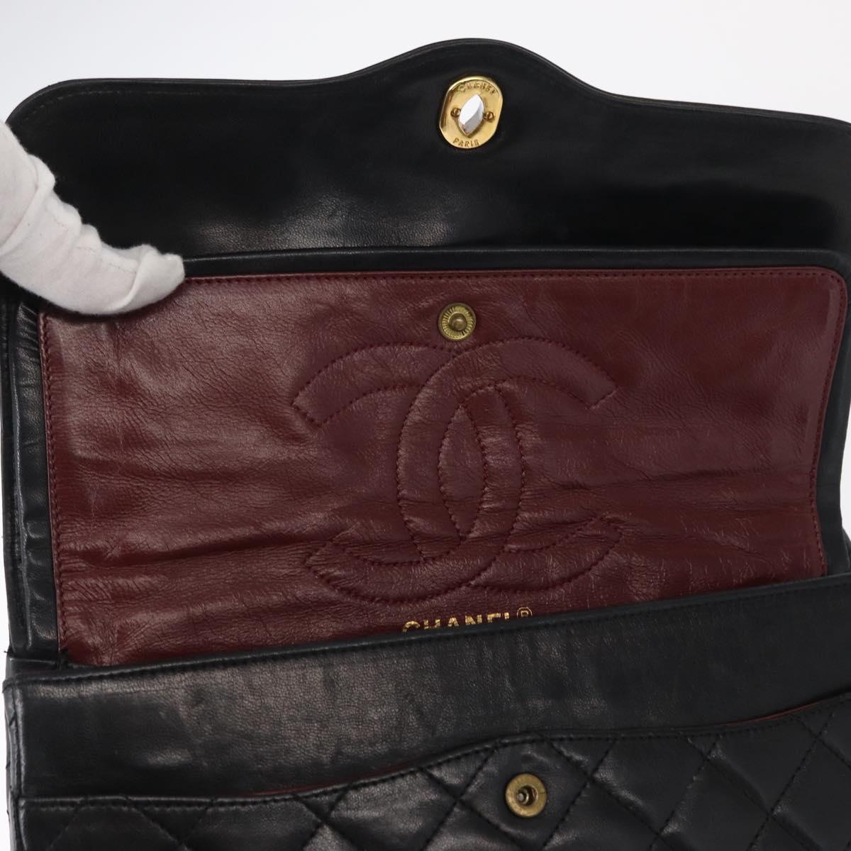 CHANEL Matelasse 25 Double Flap Paris Only Bag Lamb Skin Black CC Auth 156056