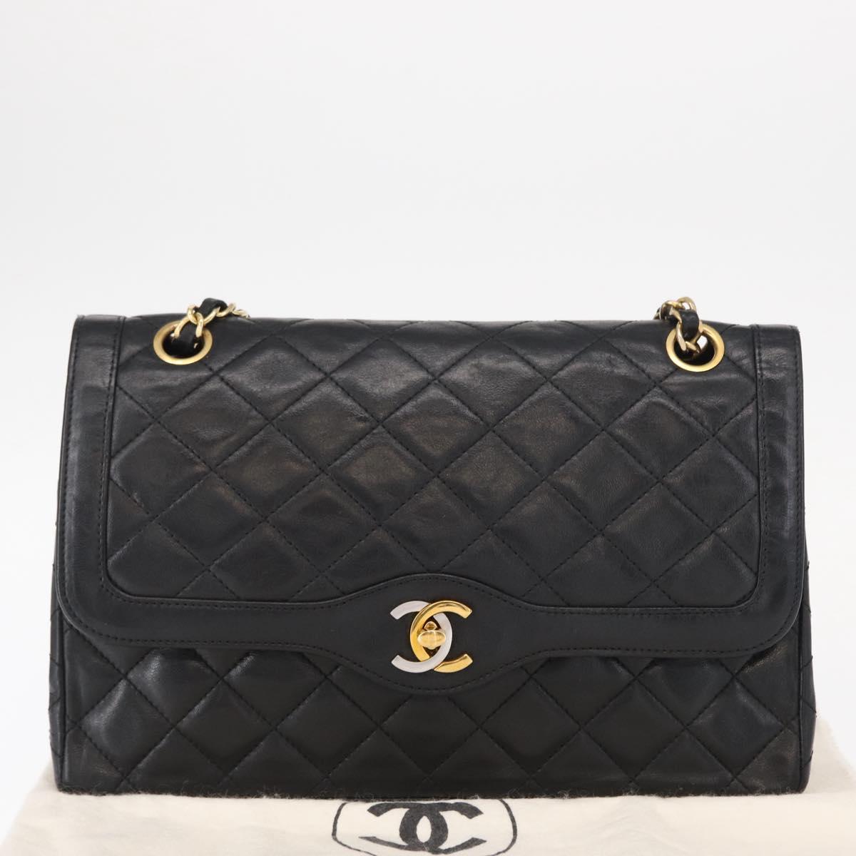 CHANEL Matelasse 25 Double Flap Paris Only Bag Lamb Skin Black CC Auth 156056