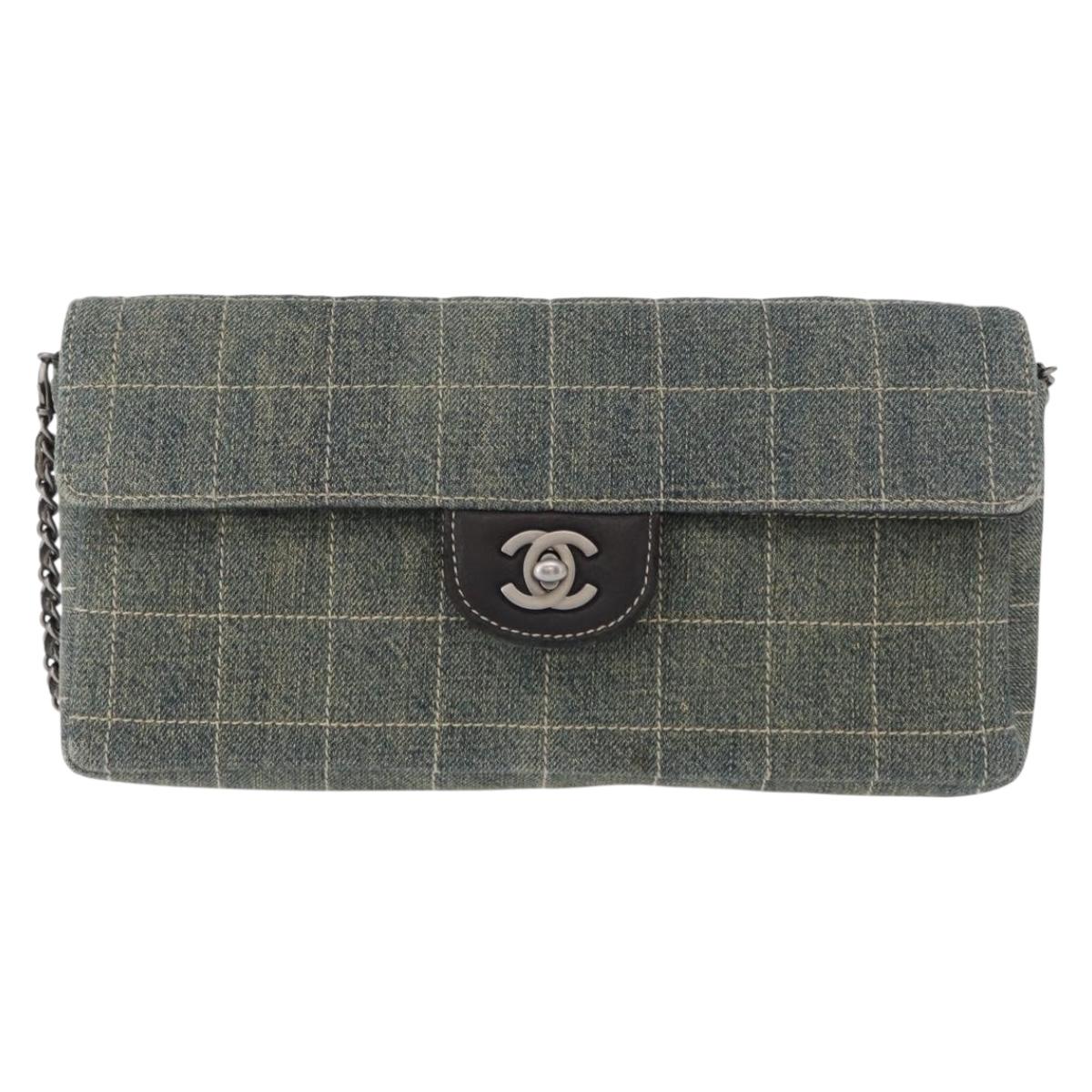 CHANEL Choco Bar Chain Shoulder Bag Denim Blue CC Auth 156057