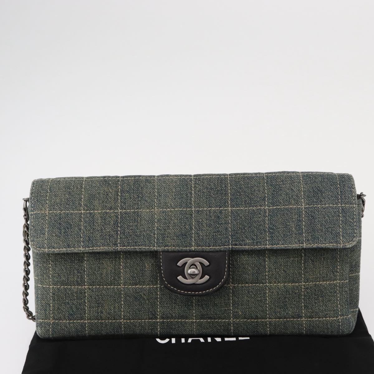 CHANEL Choco Bar Chain Shoulder Bag Denim Blue CC Auth 156057