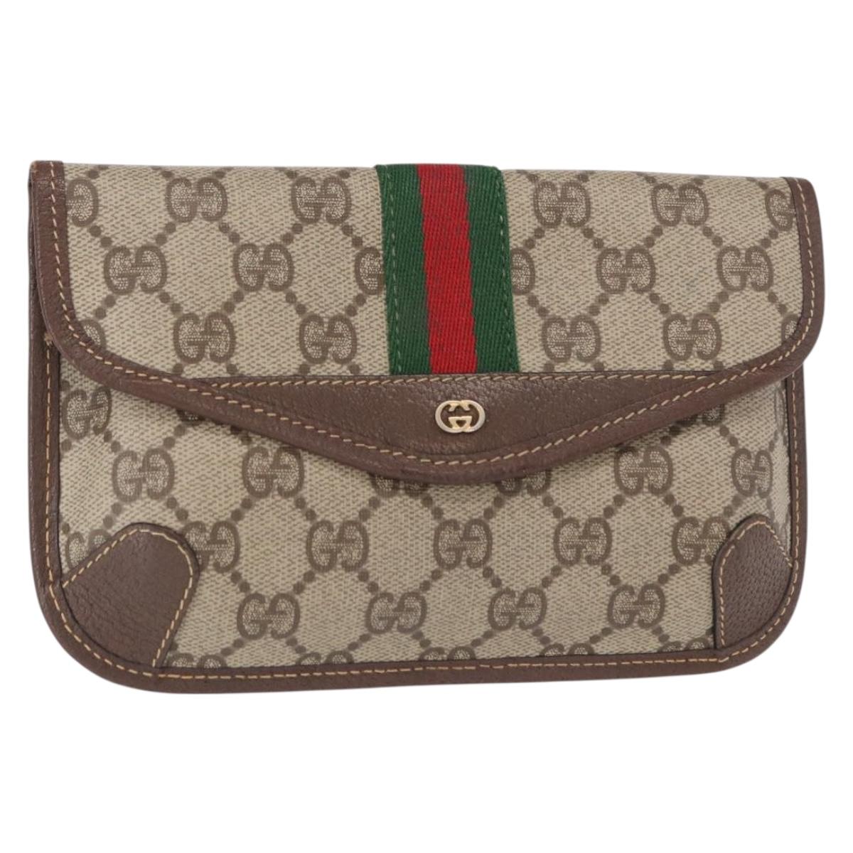 GUCCI Web Sherry Line GG Supreme Pouch PVC Beige Gold 014 14 5205 Auth 156065