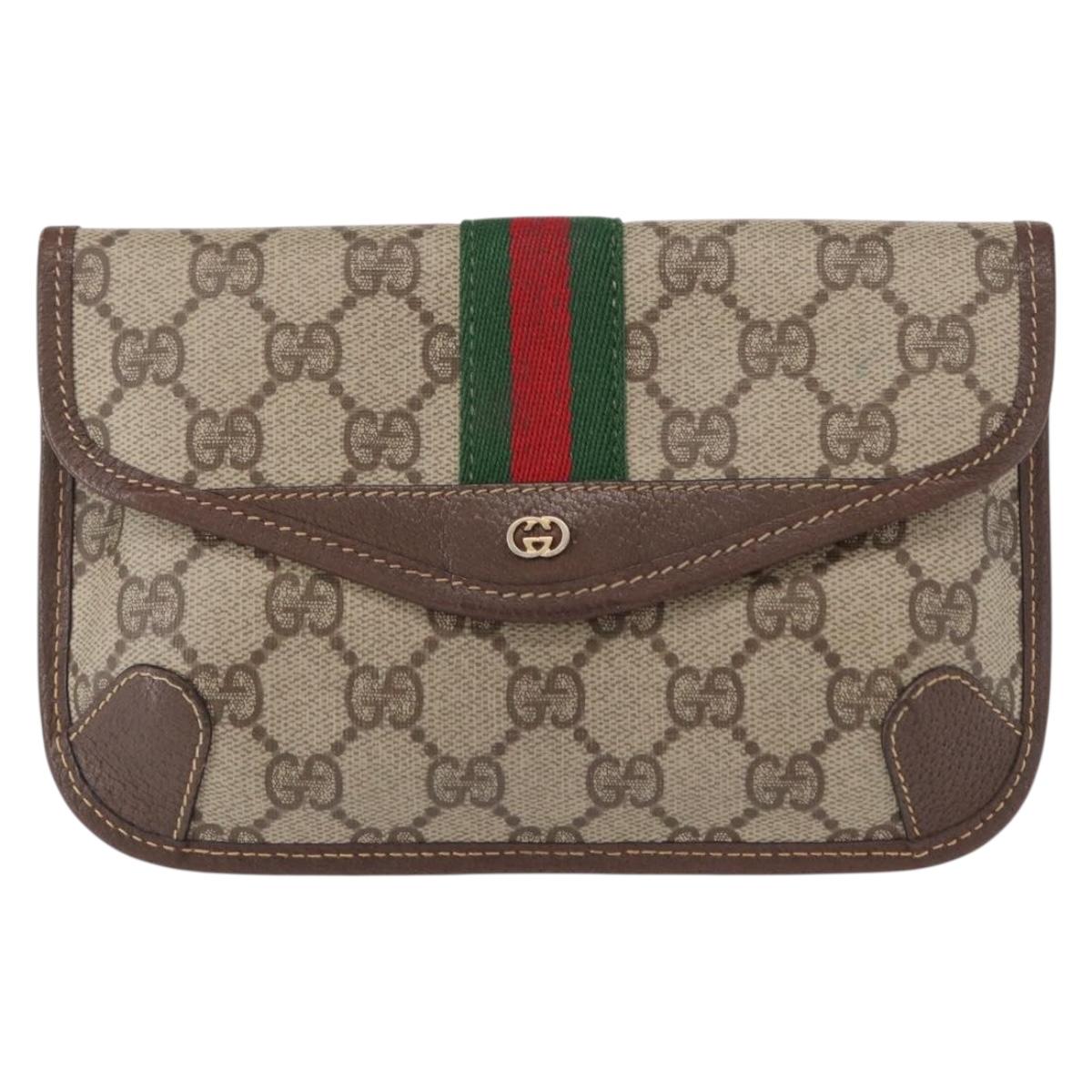 GUCCI Web Sherry Line GG Supreme Pouch PVC Beige Gold 014 14 5205 Auth 156065