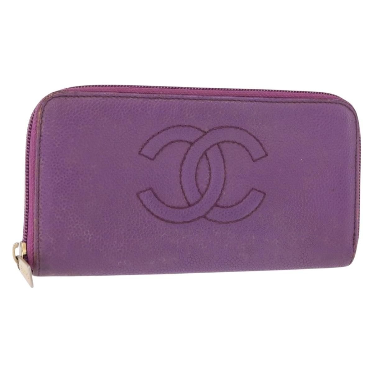 CHANEL COCO Mark Long Wallet Caviar Skin Purple Gold CC Auth 156066