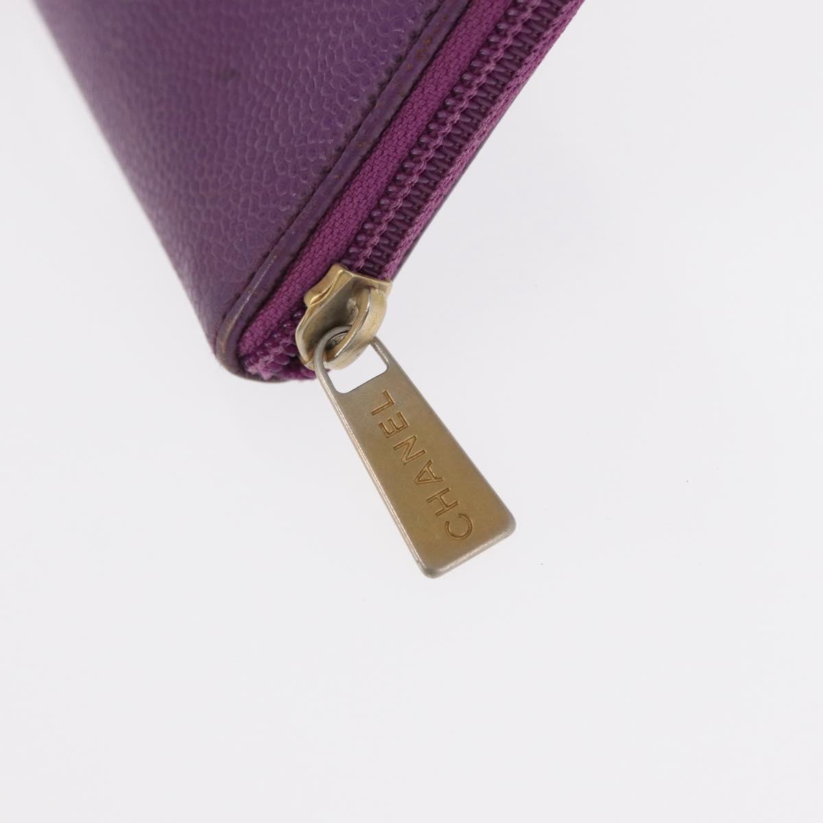 CHANEL COCO Mark Long Wallet Caviar Skin Purple Gold CC Auth 156066