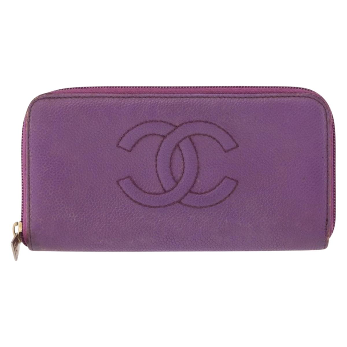 CHANEL COCO Mark Long Wallet Caviar Skin Purple Gold CC Auth 156066