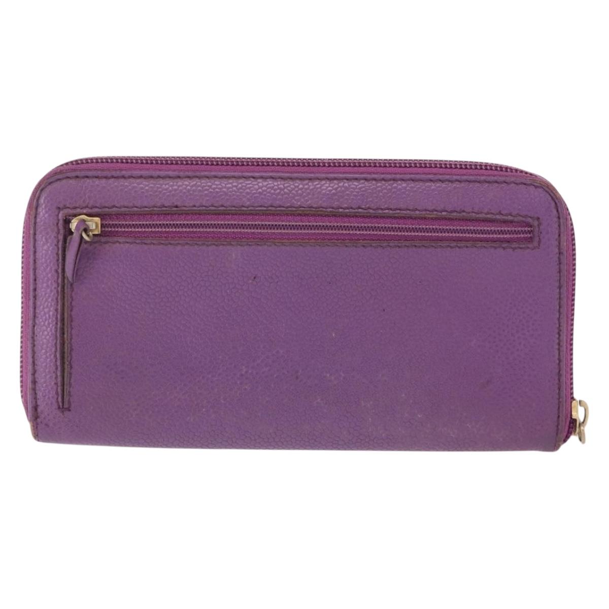 CHANEL COCO Mark Long Wallet Caviar Skin Purple Gold CC Auth 156066