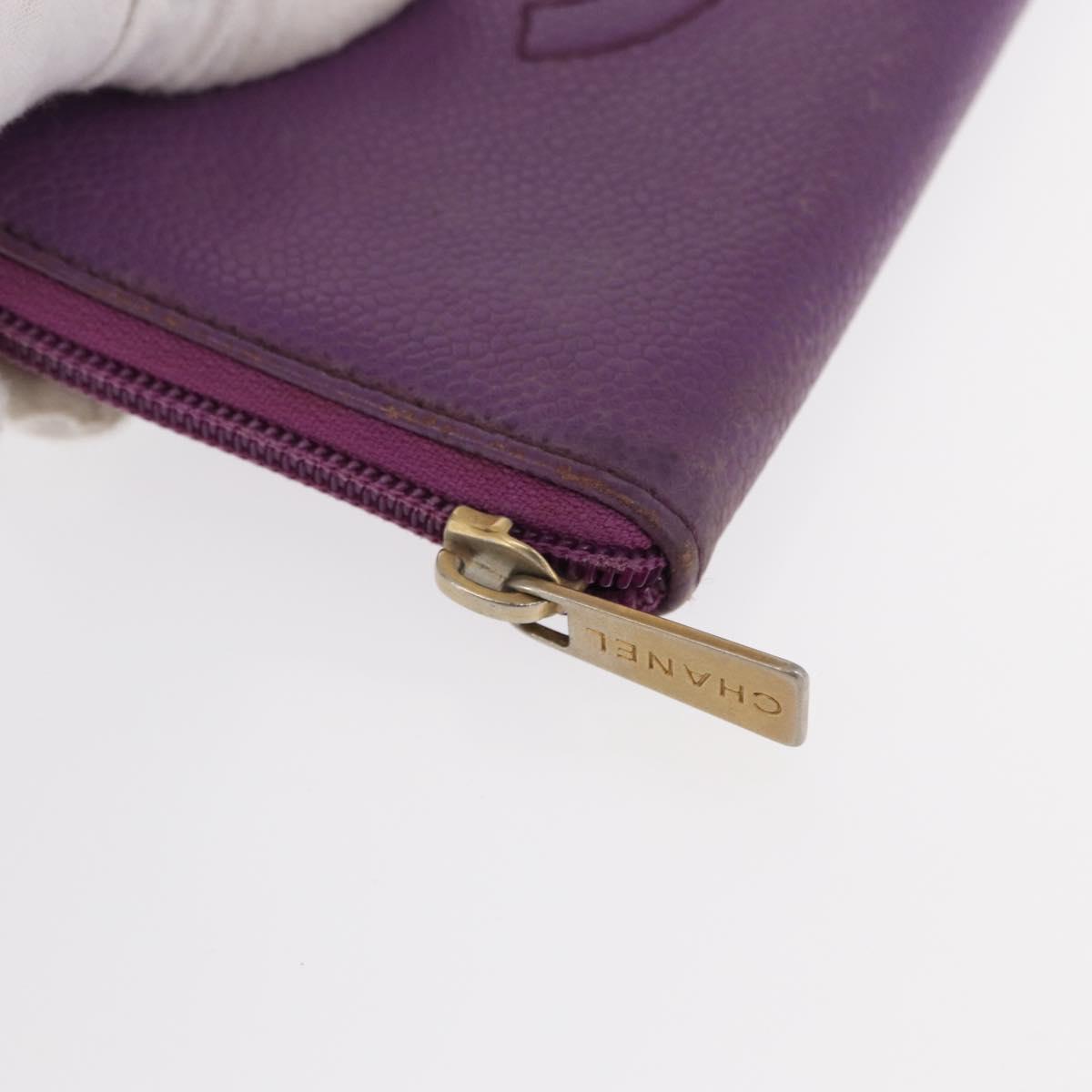 CHANEL COCO Mark Long Wallet Caviar Skin Purple Gold CC Auth 156066