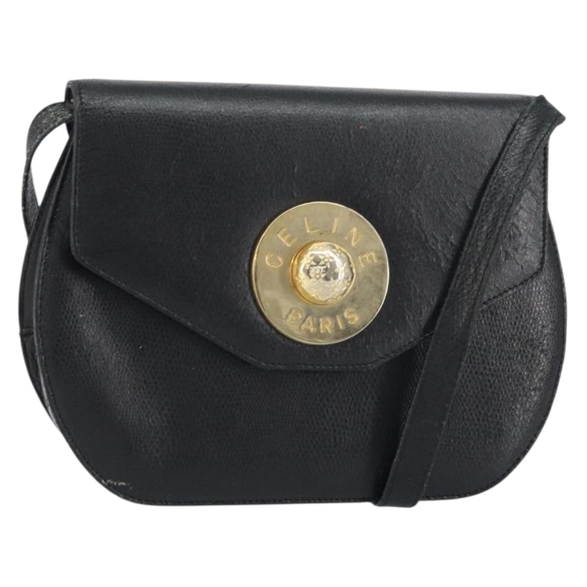 CELINE Shoulder Bag Leather Black Gold Auth 156127