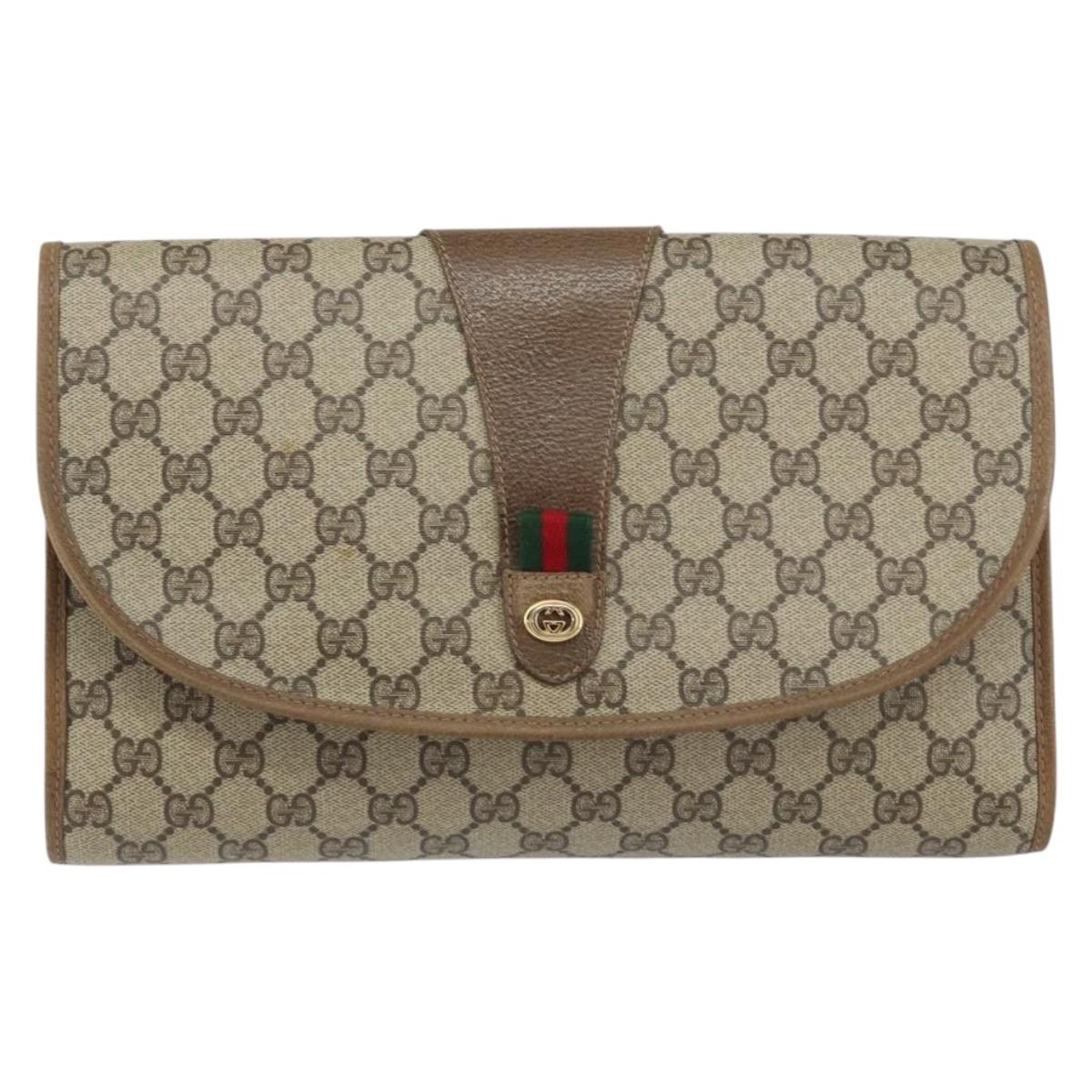 GUCCI GG Supreme Web Sherry Line Clutch Bag PVC Beige Gold 89 01 031 Auth 156166