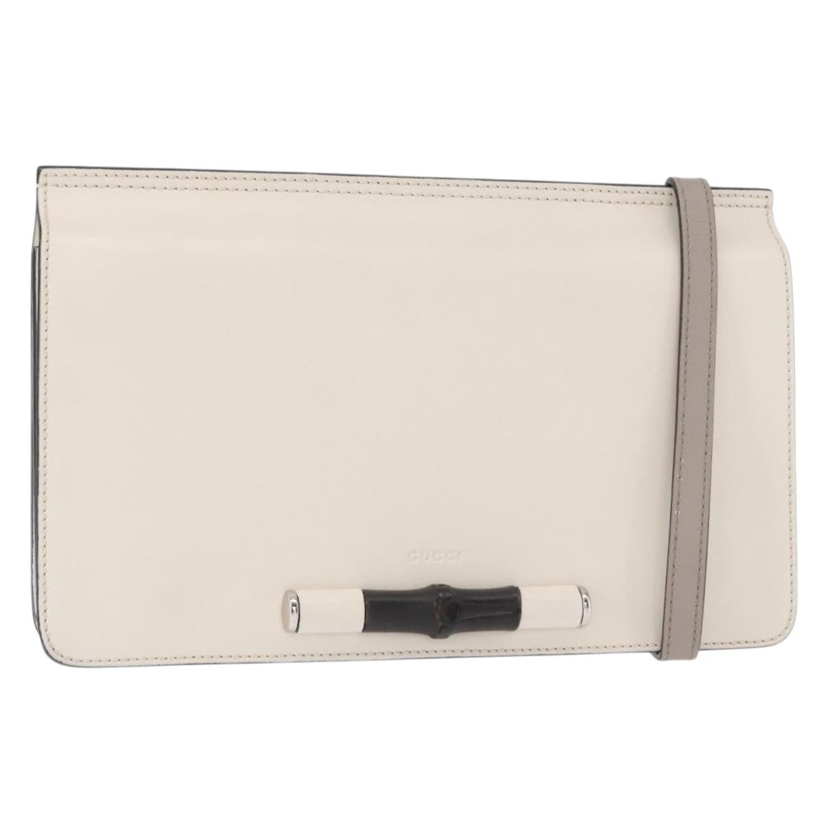 GUCCI Bamboo Shoulder Bag Leather White Silver 370817 Auth 156171