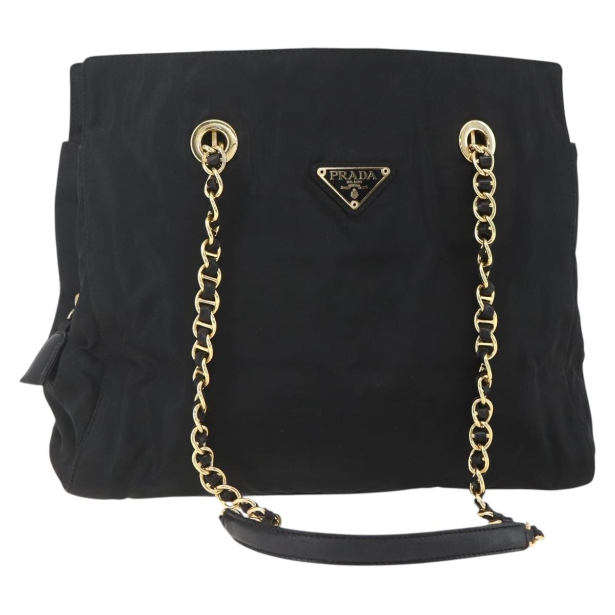 PRADA Chain Shoulder Bag Nylon Black Gold Auth 156178V