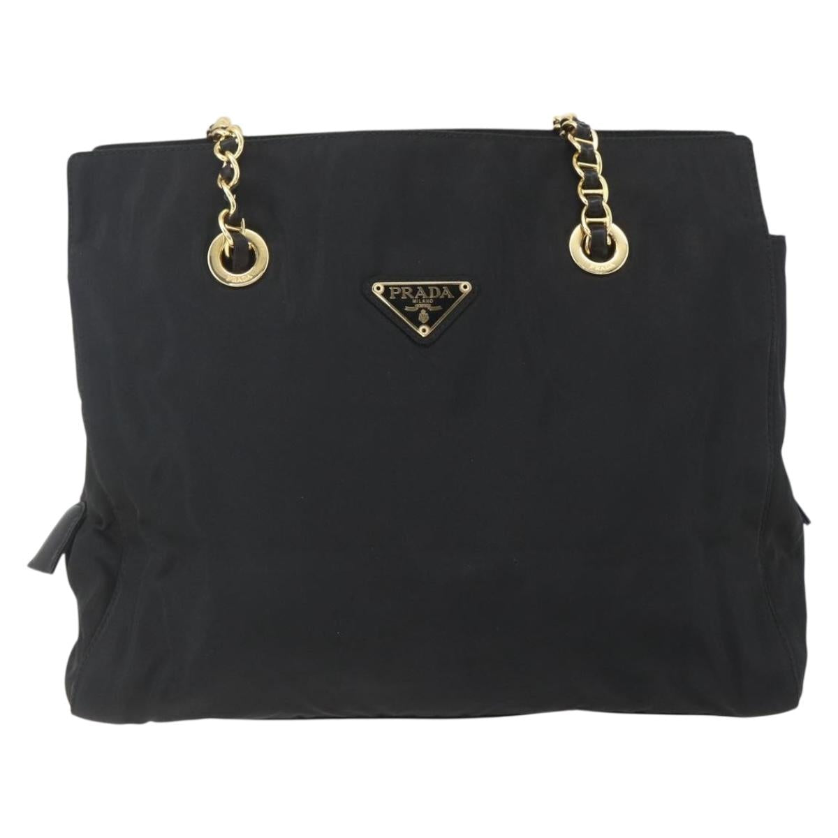PRADA Chain Shoulder Bag Nylon Black Gold Auth 156178V