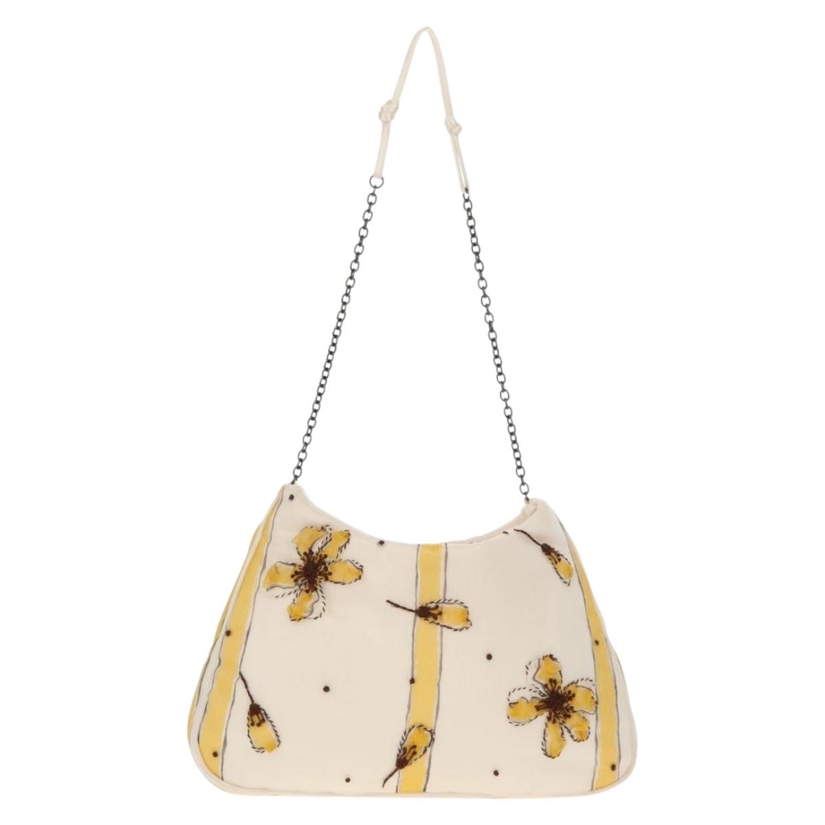 PRADA Chiffon Anemone Chain Shoulder Bag Silk White Auth 156180V