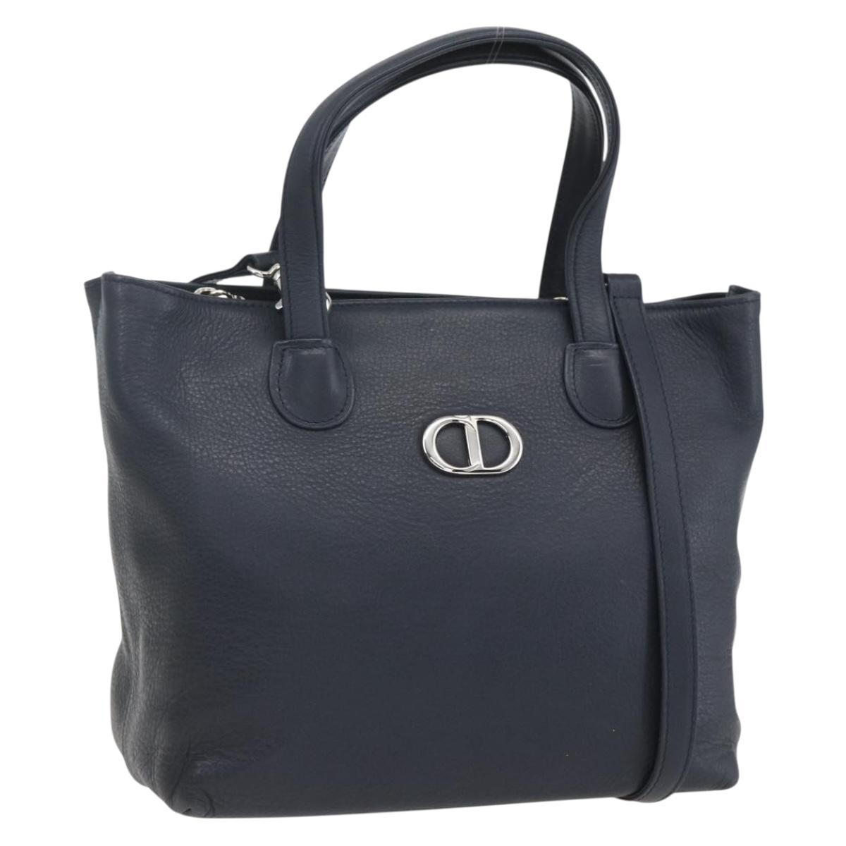 Christian Dior Hand Bag Leather 2way Navy Silver Auth 156185V