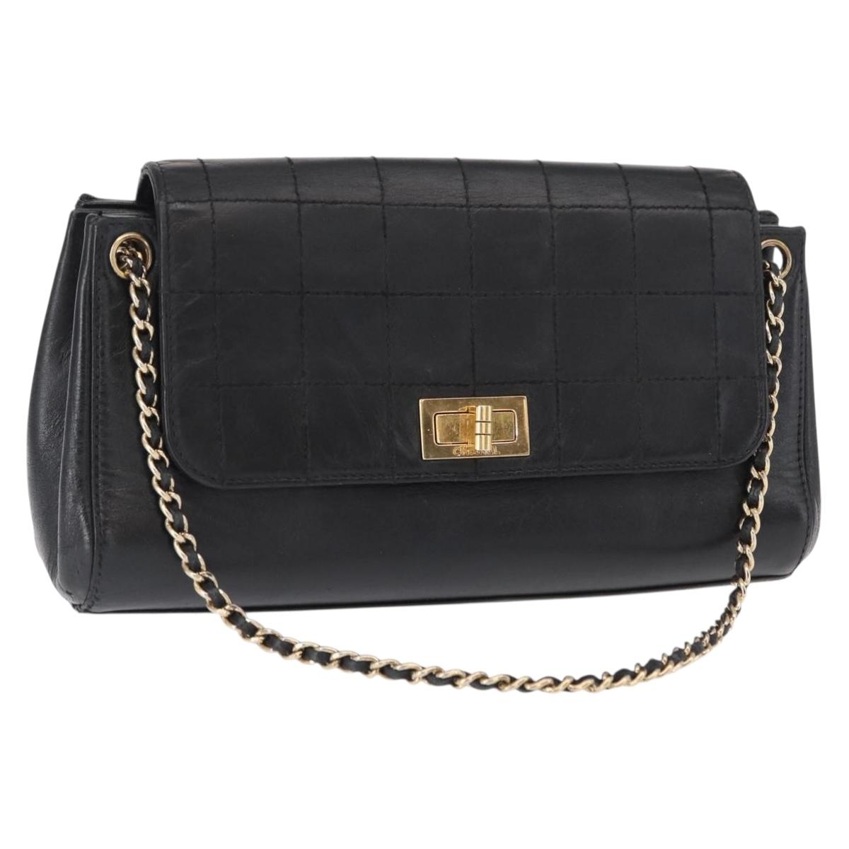CHANEL Choco Bar Chain Shoulder Bag Lamb Skin Black Gold CC Auth 156186