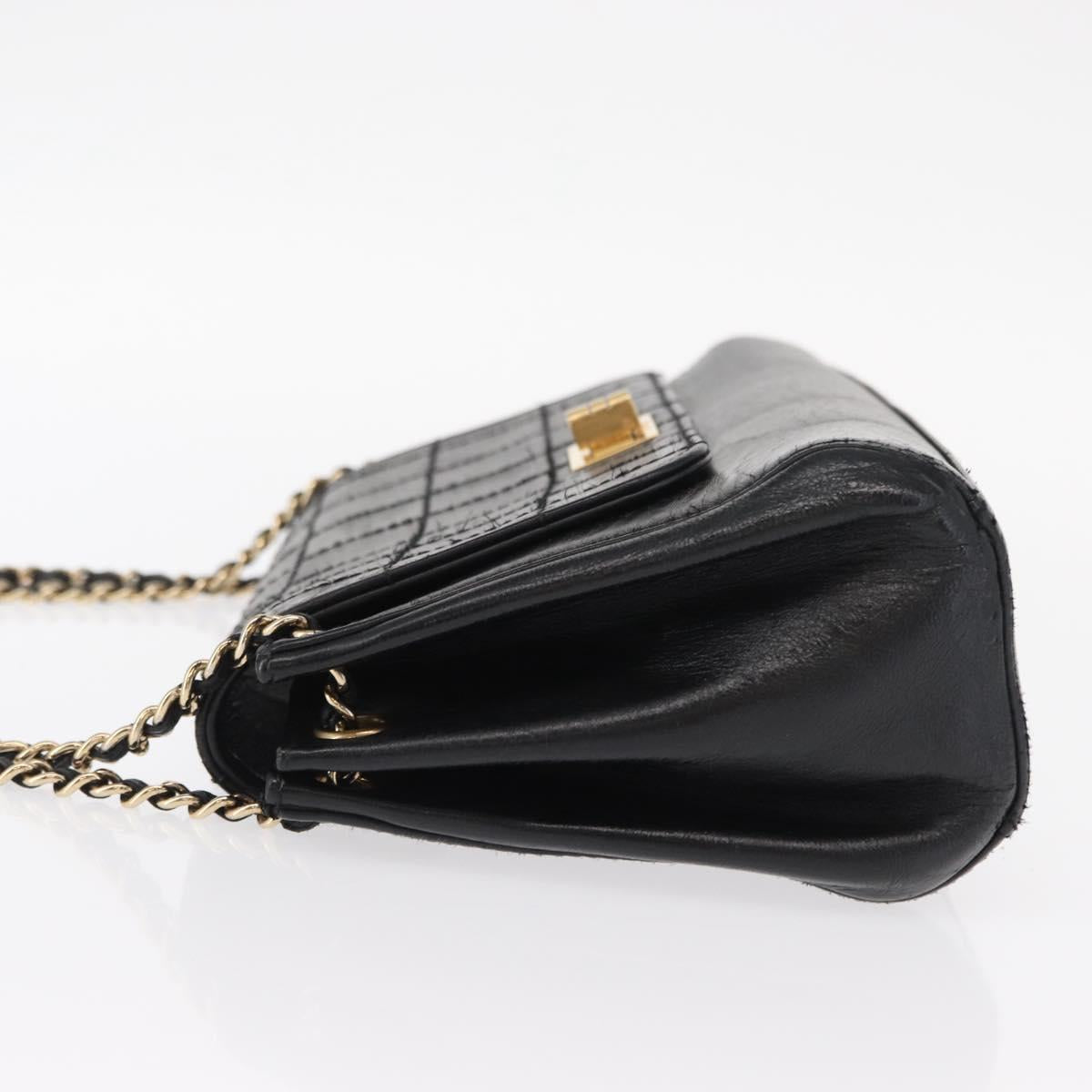 CHANEL Choco Bar Chain Shoulder Bag Lamb Skin Black Gold CC Auth 156186
