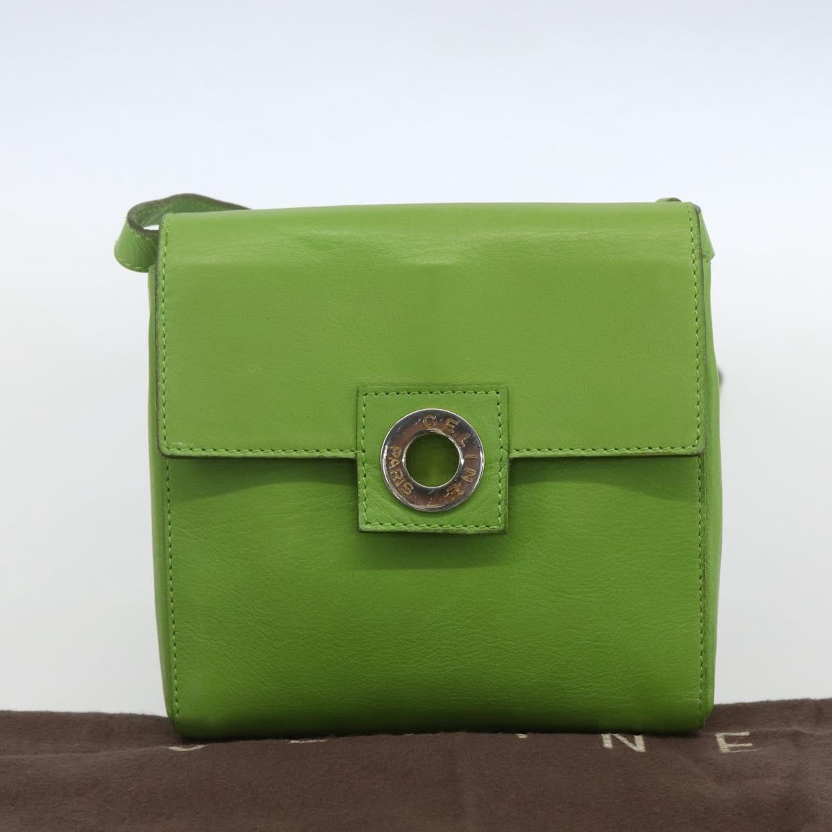 CELINE Circle Shoulder Bag Leather Gold Light green Auth 156219V