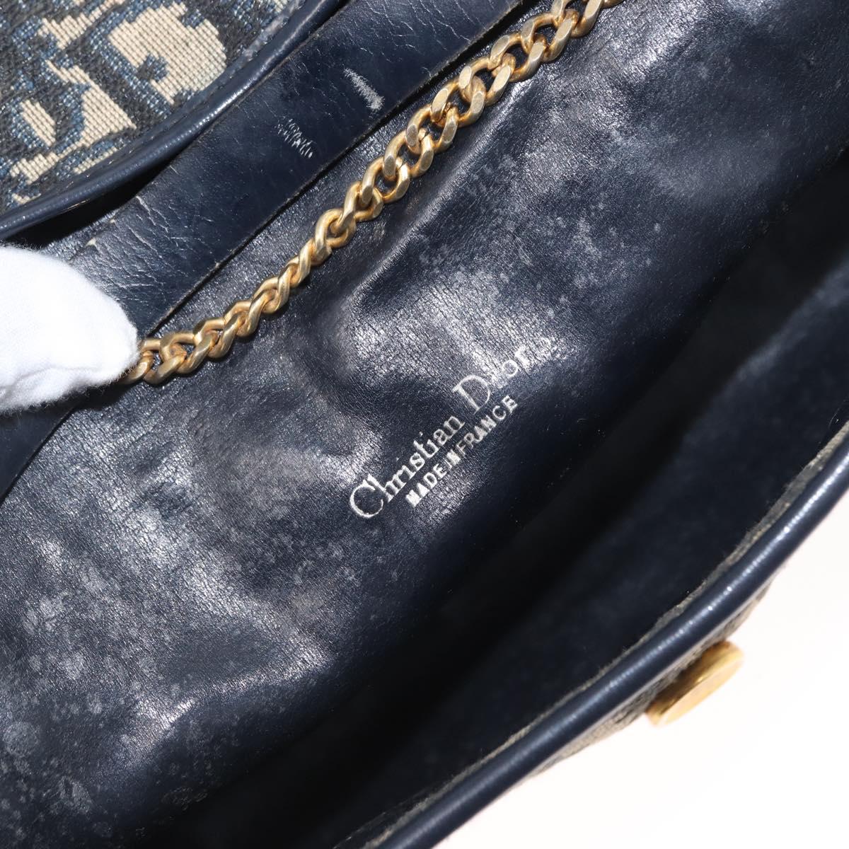 Christian Dior Trotter Canvas Chain Shoulder Bag Navy Gold Auth 156241