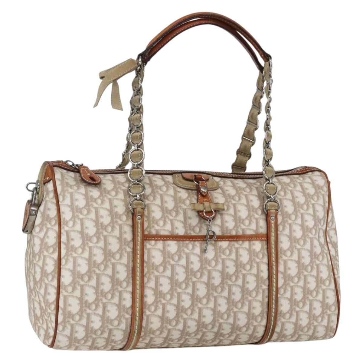 Christian Dior Trotter Canvas Romantic Chain Bag PVC Beige Silver Auth 156248