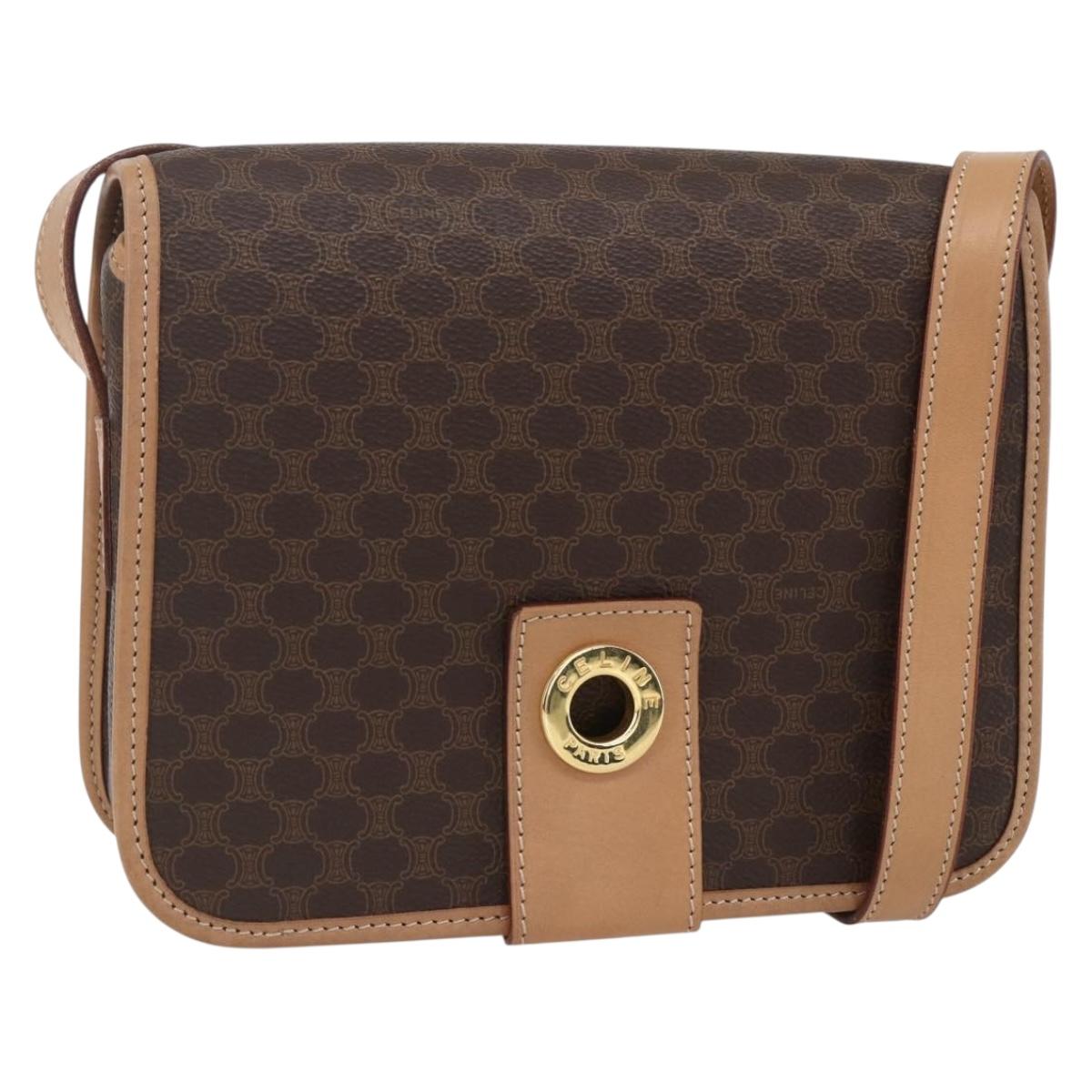CELINE Macadam Canvas Circle Shoulder Bag PVC Leather Brown Gold Auth 156249V
