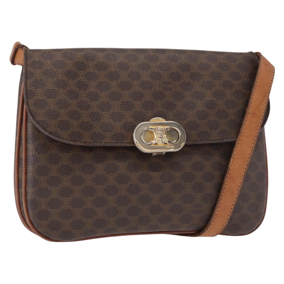 CELINE Macadam Canvas Shoulder Bag PVC Leather Brown Gold Auth 156250
