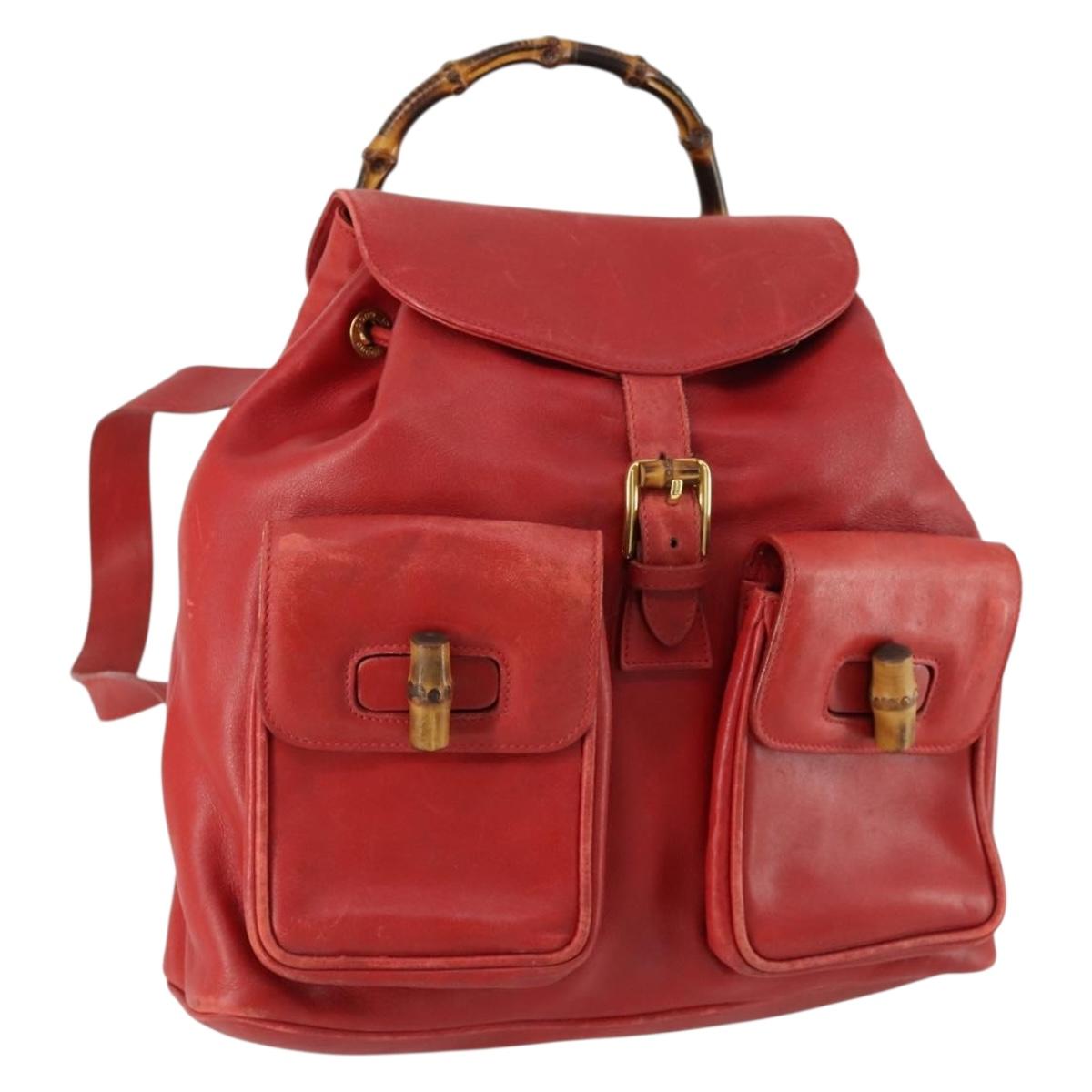 GUCCI Bamboo Backpack Leather Red Gold 003 2058 0016 Auth 156257