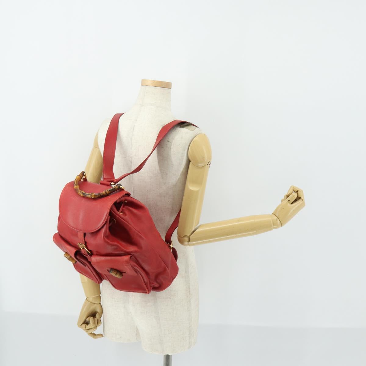 GUCCI Bamboo Backpack Leather Red Gold 003 2058 0016 Auth 156257