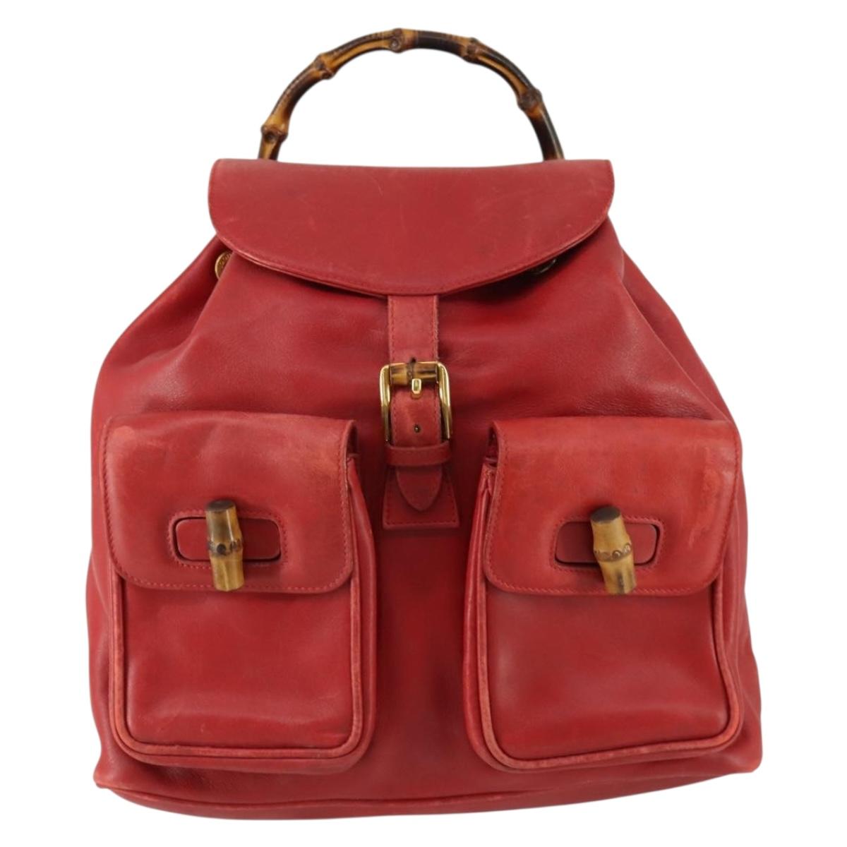 GUCCI Bamboo Backpack Leather Red Gold 003 2058 0016 Auth 156257
