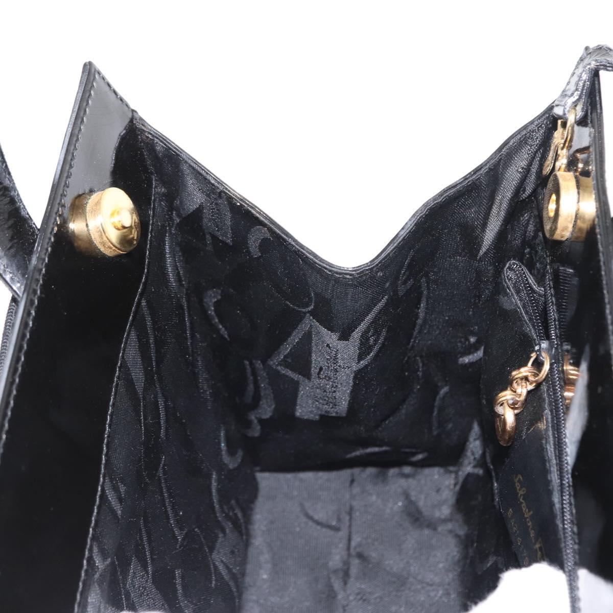 Salvatore Ferragamo Vala Hand Bag Enamel 2way Black Gold Auth 156283