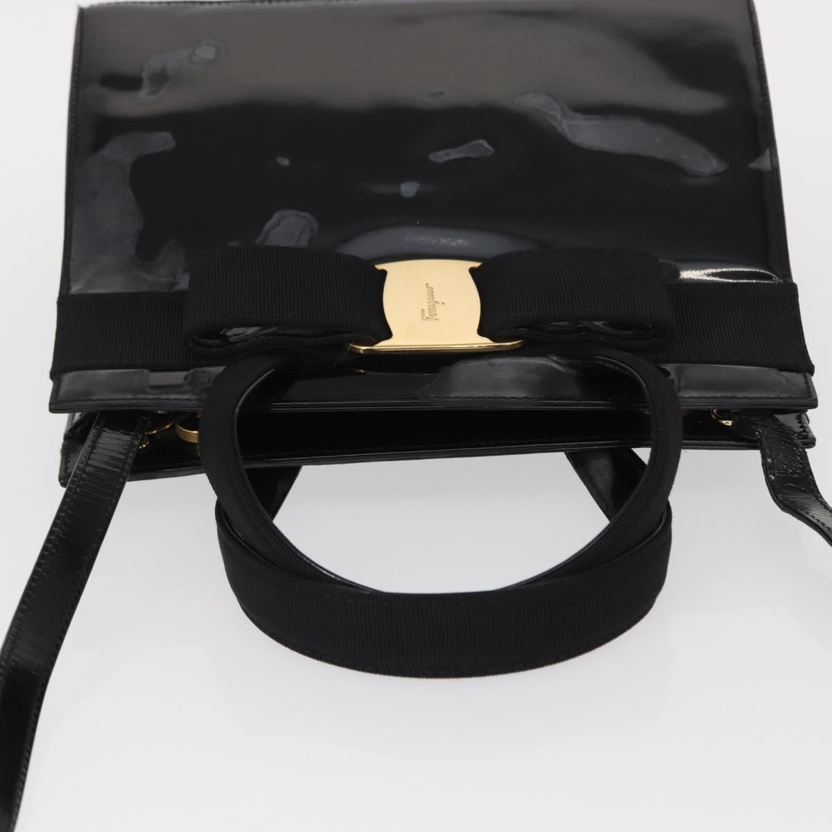 Salvatore Ferragamo Vala Hand Bag Enamel 2way Black Gold Auth 156283