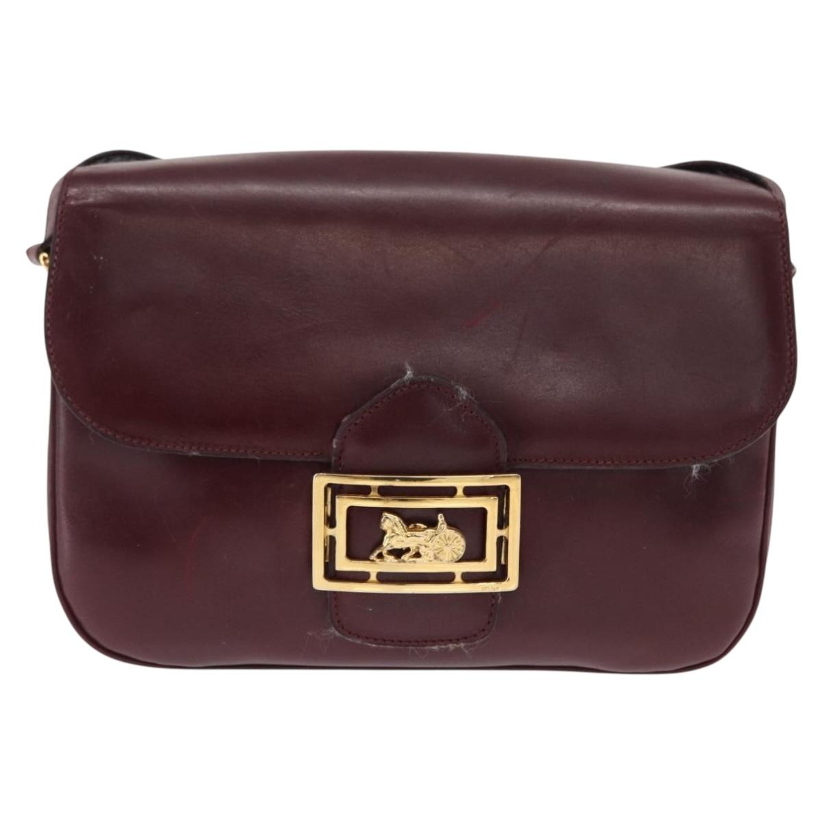 CELINE Horse Carriage Shoulder Bag Leather Bordeaux Gold Auth 156289