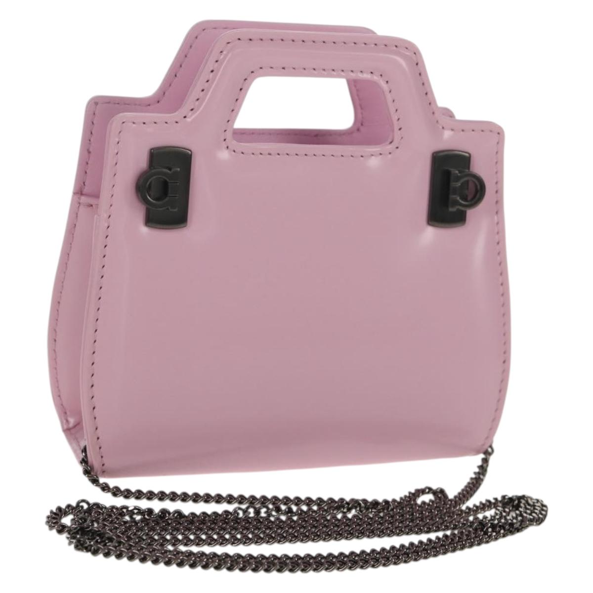 Salvatore Ferragamo Chain Gancini Shoulder Pouch Enamel 2way Pink Auth 156294V