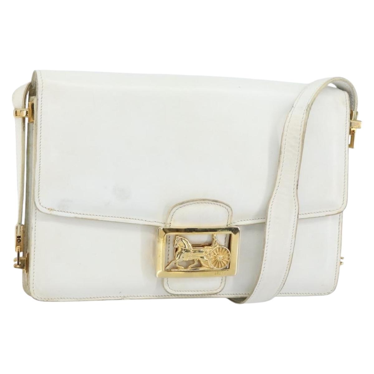 CELINE Shoulder Bag Leather White Gold Auth 156322