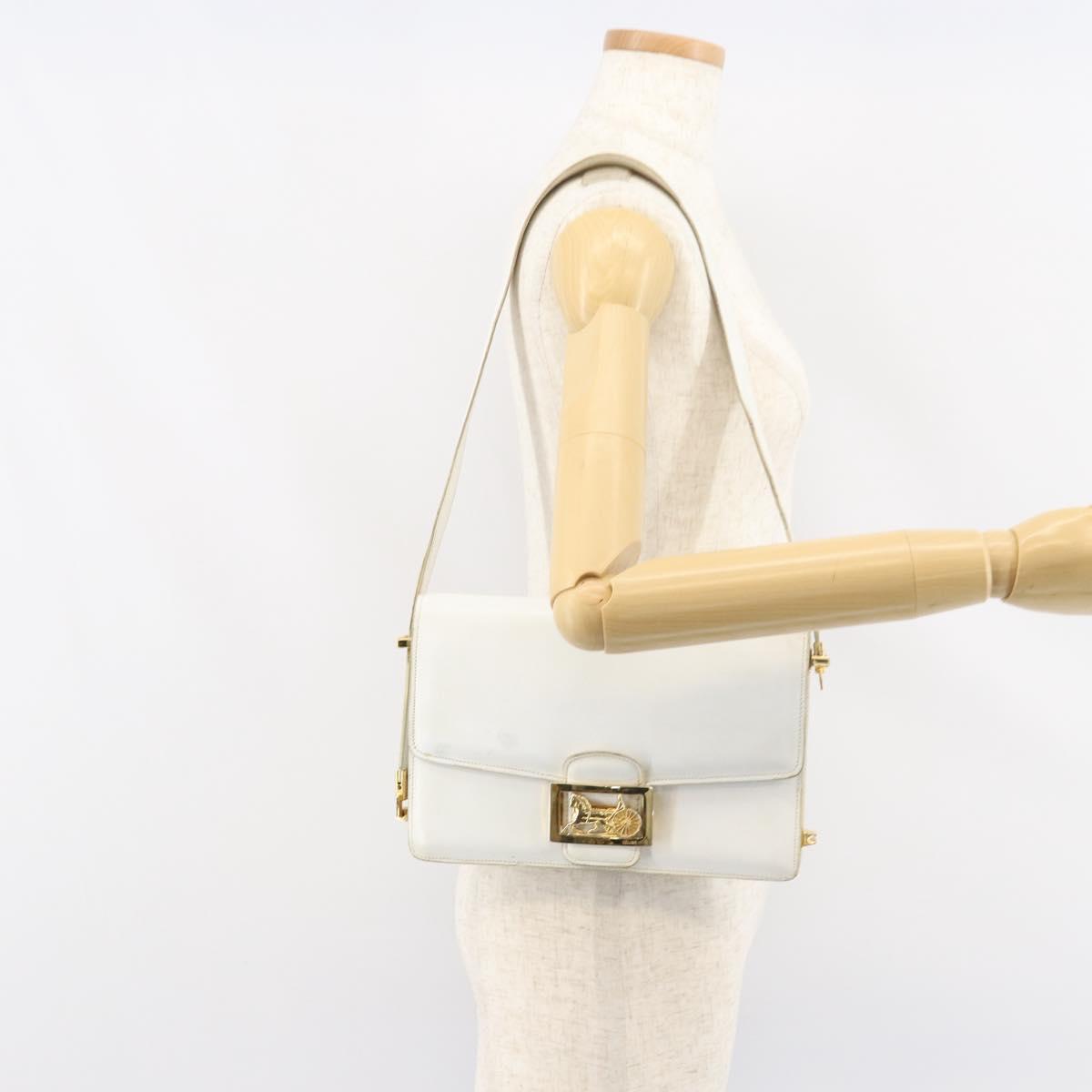 CELINE Shoulder Bag Leather White Gold Auth 156322